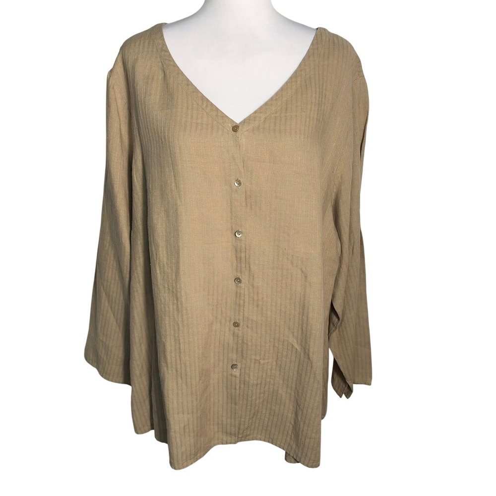EILEEN FISHER Women's 1X Beige Tan 100% Linen V-Neck Button Down Tunic Top Shirt